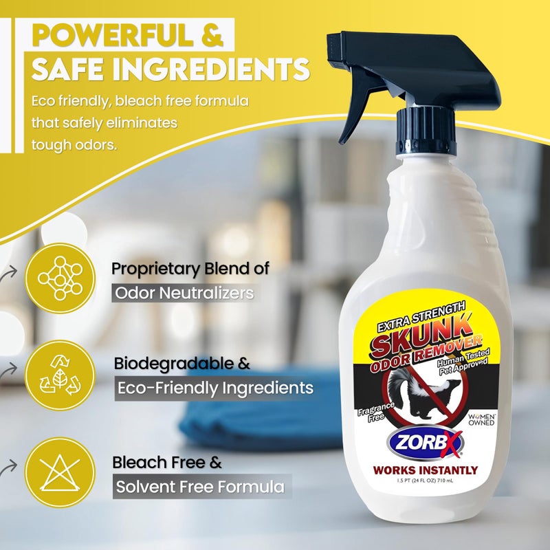 ZORBX Unscented Skunk Odor Remover Spray 24 FL Oz â€“ Fast Acting Skunk Smell Removal - Extra Strength Pet Skunk Odor Remover for Dogs, House, Car, Clothes & Furniture - Image 4